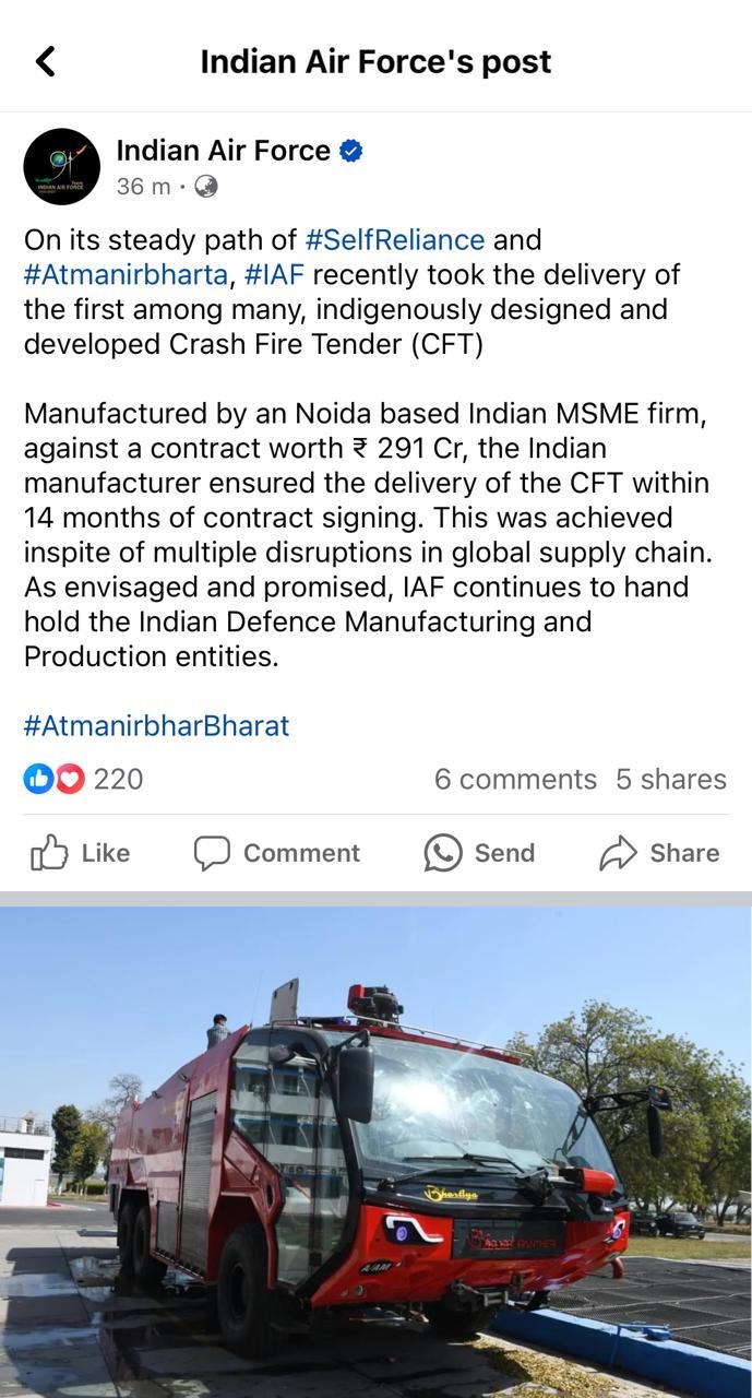 Air Force Receives First Indigenous Crash Fire Tender